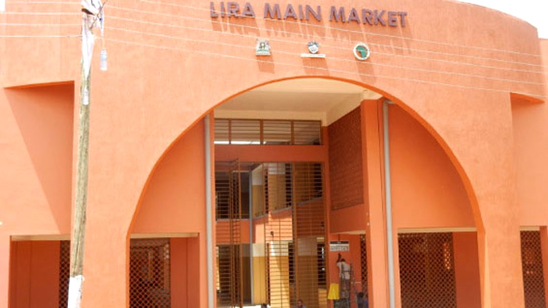 Arched entrance of Lira Main Market, Uganda, with the market name above the doorway