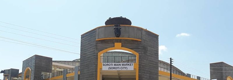 Soroti Main Market building in Soroti, Uganda, with the market name on the facade