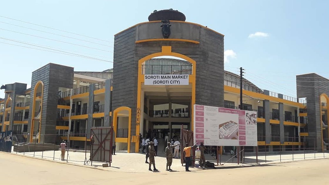 Soroti Main Market building in Soroti, Uganda, with the market name on the facade