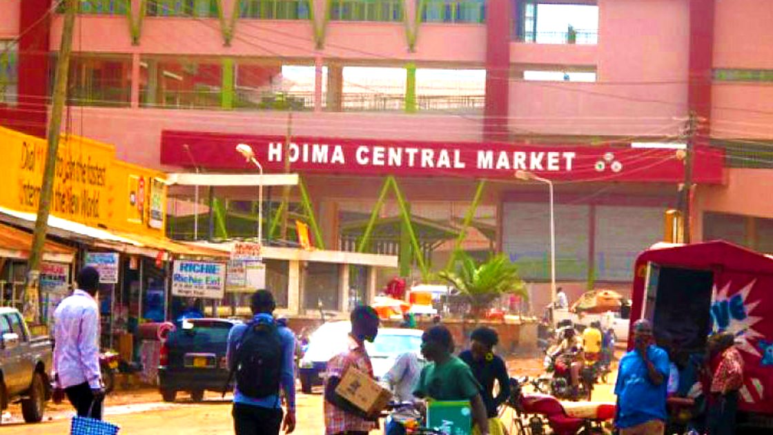 Hoima Central Market building, Uganda, with the market name on the sign
