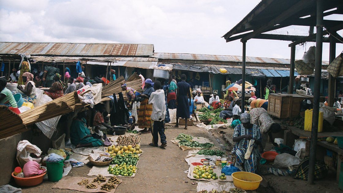 Open-air produce stalls at Arua Main Market, Uganda