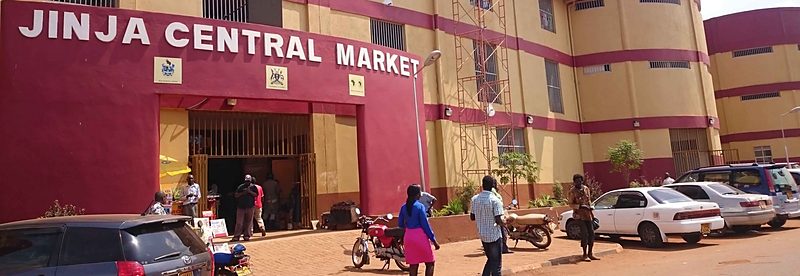 Jinja Central Market building, Uganda, with Jinja Central Market lettering on the red facade