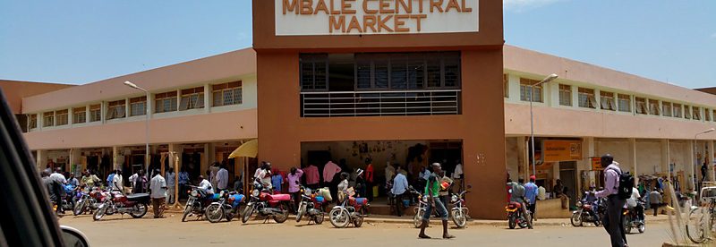Entrance of Mbale Central Market, Uganda, with the market name on the building