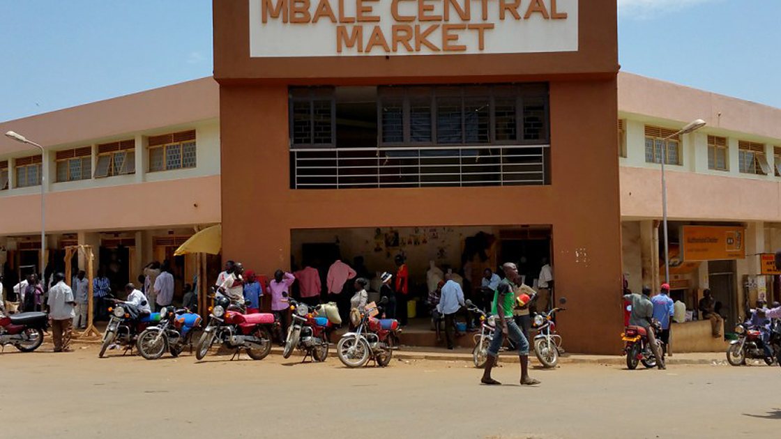 Entrance of Mbale Central Market, Uganda, with the market name on the building
