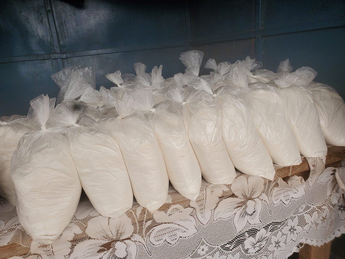 Cassava flour displayed for sale in Uganda